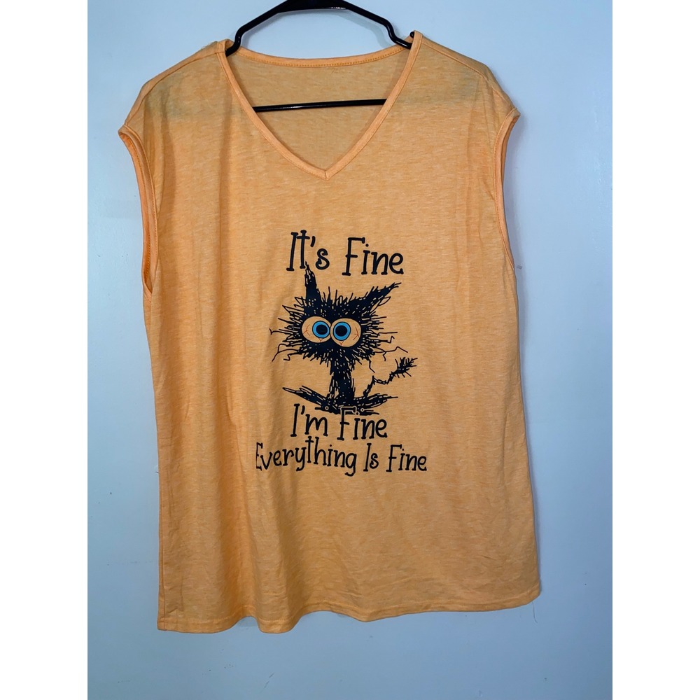 Graphic Tank Top Women XXL Orange Its Fine Everything Is Fine Cat Humor